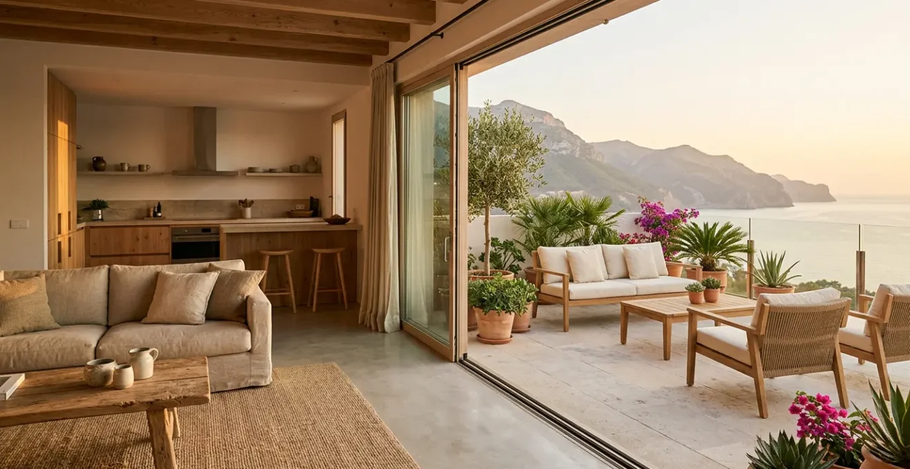 Vue d'ensemble d'un appartement de vacances avec terrasse privée et cuisine ouverte