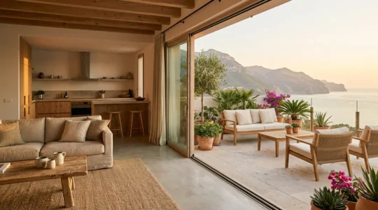 Vue d'ensemble d'un appartement de vacances avec terrasse privée et cuisine ouverte