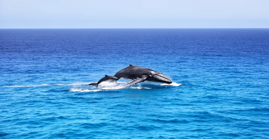 Baleine à bosse et son baleineau naviguant paisiblement dans les eaux cristallines de l'océan Indien au large de La Réunion