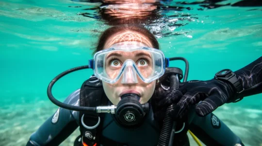 Plongeur débutant accompagné d'un moniteur dans les eaux cristallines du lagon de La Réunion