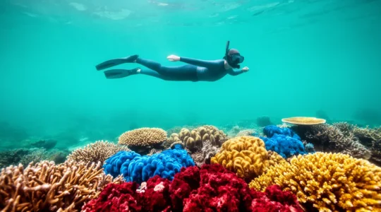 Vue sous-marine d'un snorkeleur observant respectueusement un récif corallien coloré dans un lagon turquoise