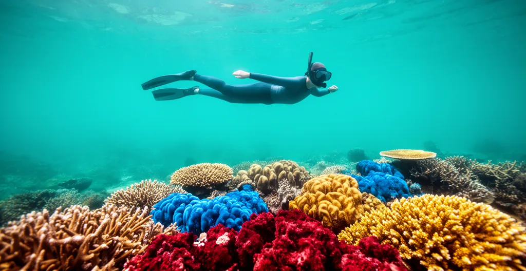 Vue sous-marine d'un snorkeleur observant respectueusement un récif corallien coloré dans un lagon turquoise