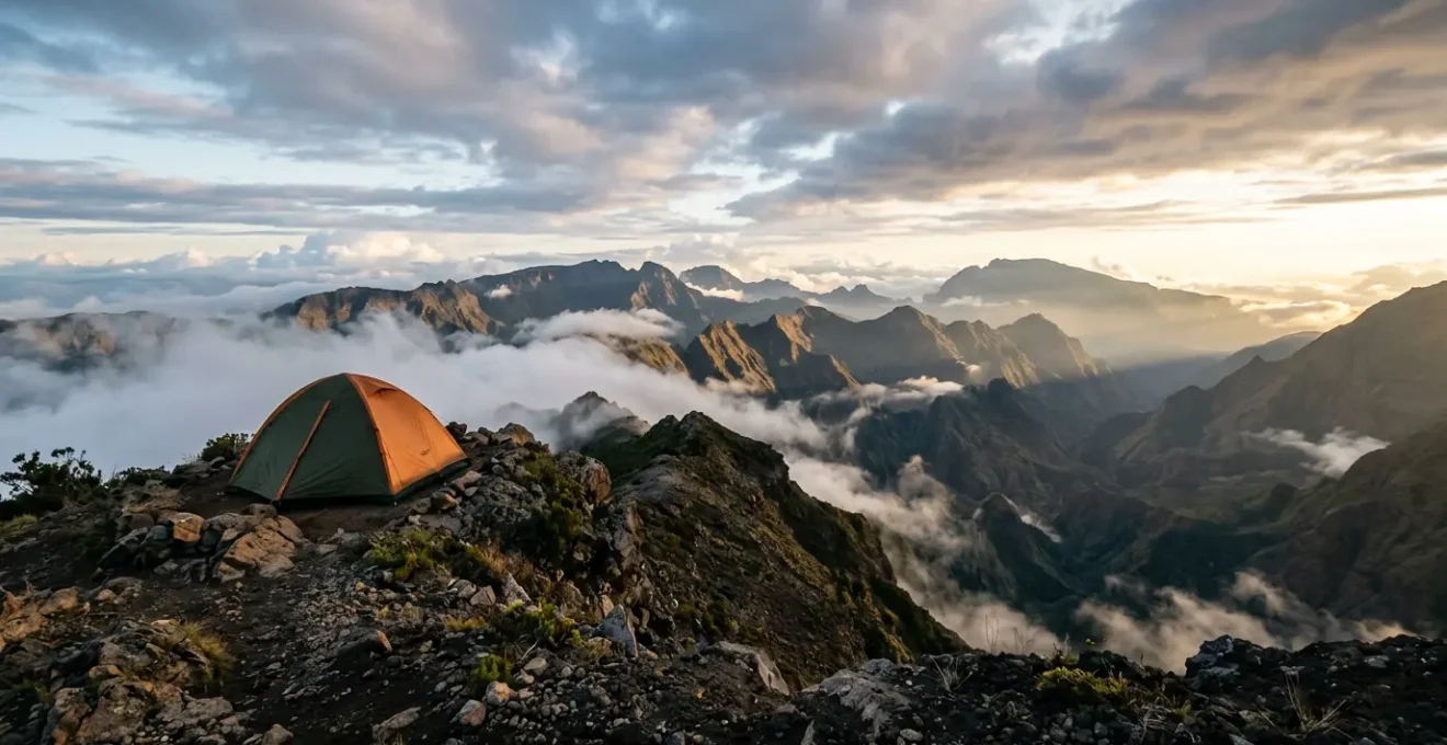 Tentes de bivouac au lever du soleil dans les montagnes de La Réunion avec vue sur les cirques