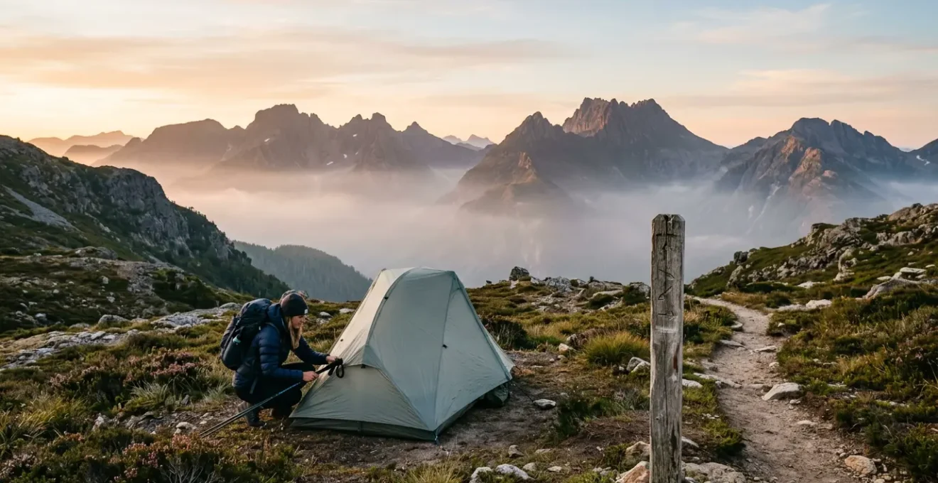 Randonneur installant une tente légère au petit matin dans un parc national avec vue sur les montagnes