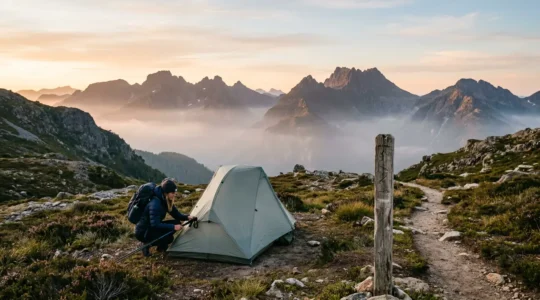 Randonneur installant une tente légère au petit matin dans un parc national avec vue sur les montagnes