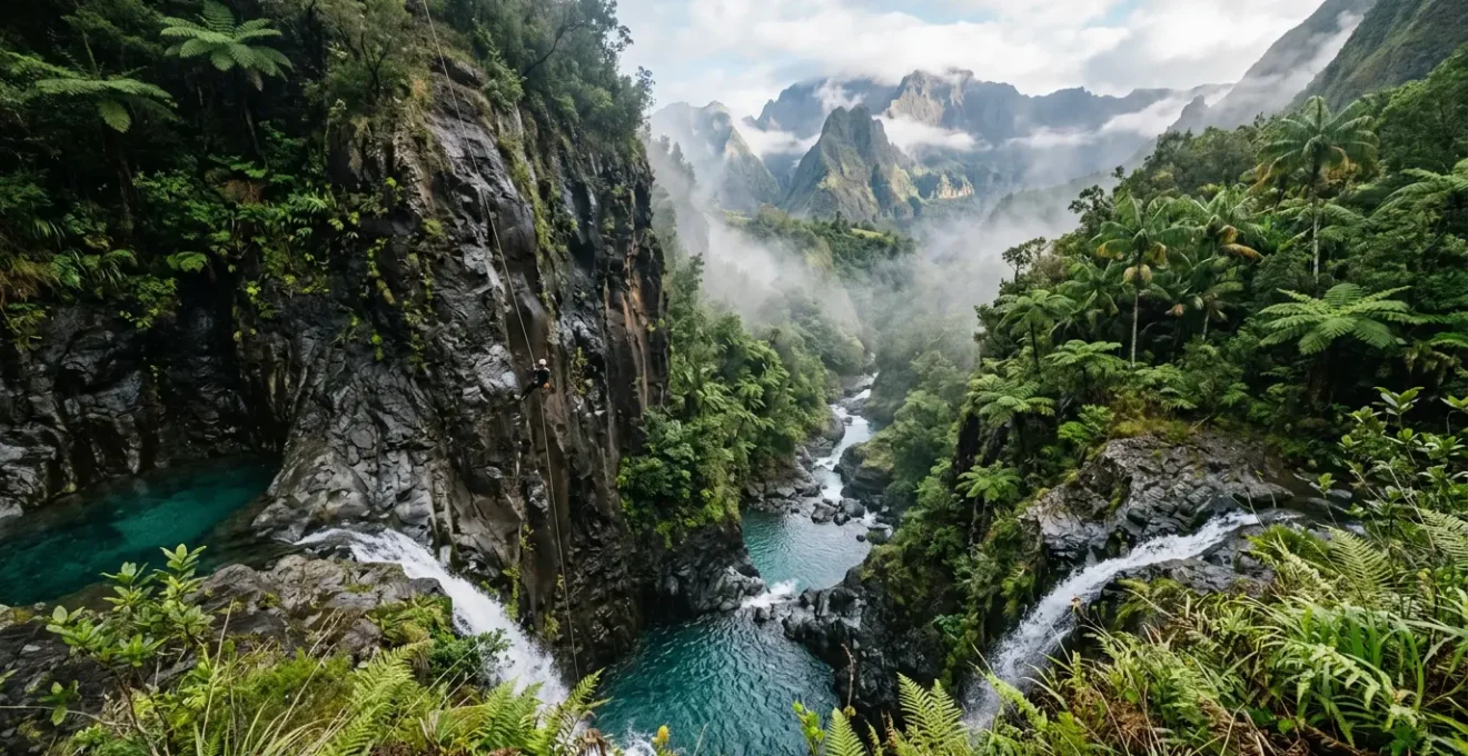Canyon tropical avec rappel en descente, parois basaltiques et vasques turquoise, végétation luxuriante