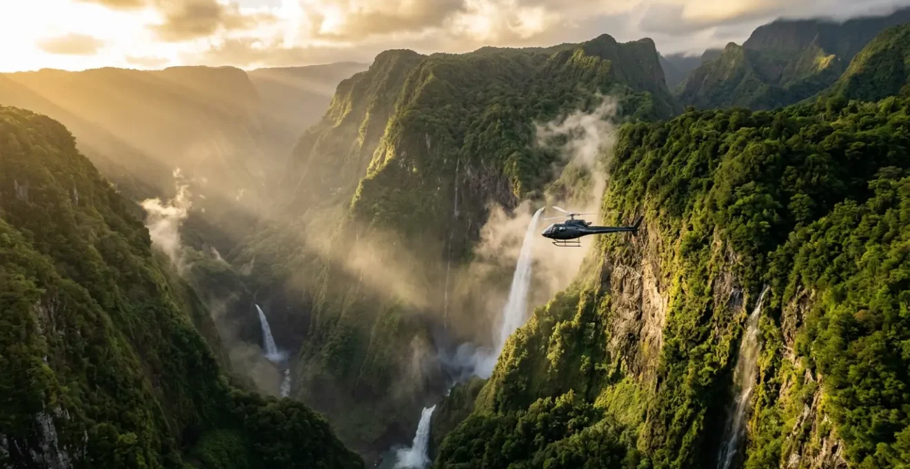 Vue aérienne spectaculaire du Trou de Fer avec hélicoptère survolant les cascades vertigineuses