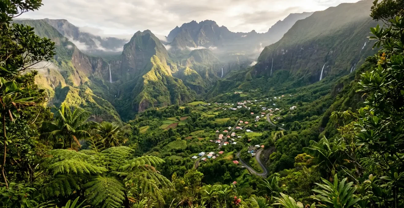 Vue panoramique du cirque de Salazie avec ses cascades, sa végétation tropicale luxuriante et le village créole d'Hell-Bourg niché dans les montagnes