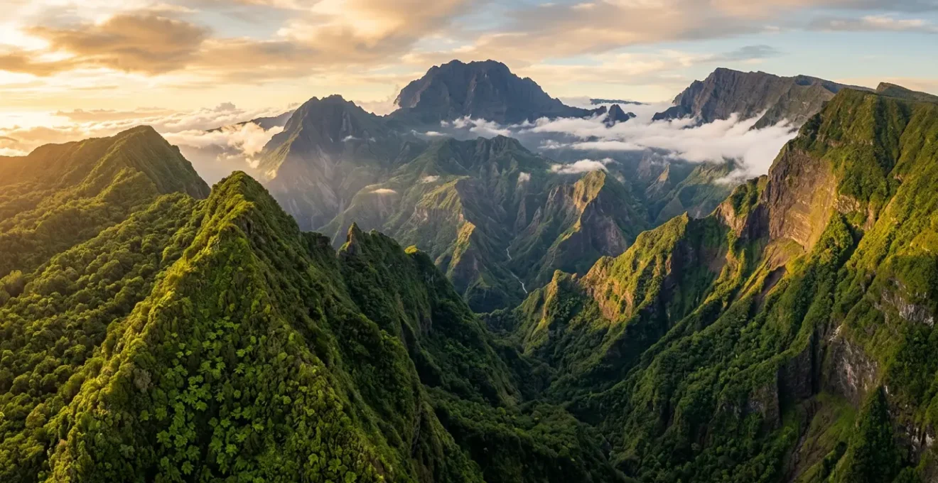 Vue panoramique aérienne des pitons, cirques et remparts de La Réunion classés au patrimoine mondial de l'UNESCO