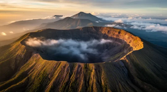 Vue aérienne spectaculaire des trois cirques de La Réunion disposés en trèfle autour du Piton des Neiges