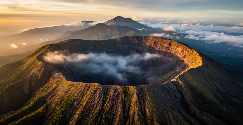 Vue aérienne spectaculaire des trois cirques de La Réunion disposés en trèfle autour du Piton des Neiges