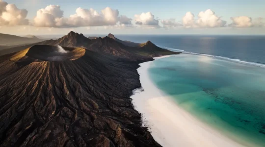 Vue panoramique montrant le contraste entre les reliefs volcaniques de La Réunion et les plages de sable blanc de Maurice