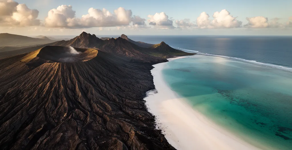 Vue panoramique montrant le contraste entre les reliefs volcaniques de La Réunion et les plages de sable blanc de Maurice