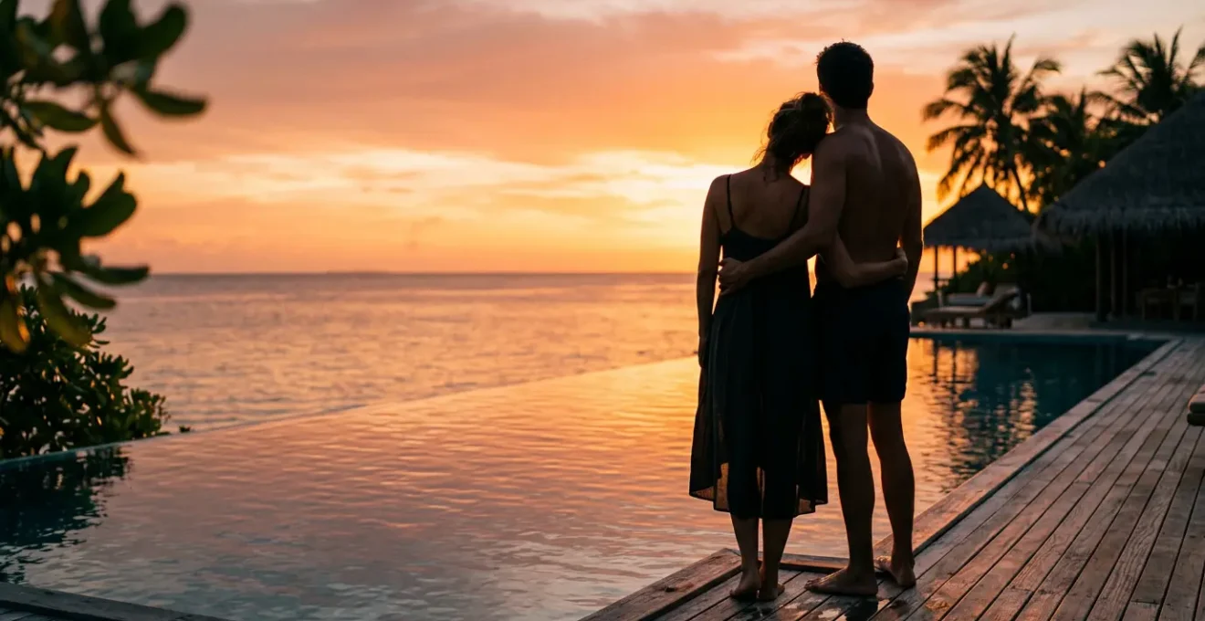 Couple romantique profitant d'une piscine à débordement face au coucher de soleil sur l'océan Indien