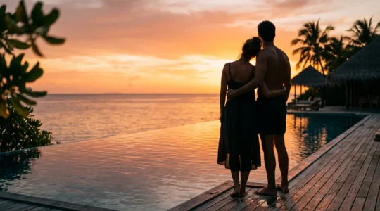 Couple romantique profitant d'une piscine à débordement face au coucher de soleil sur l'océan Indien