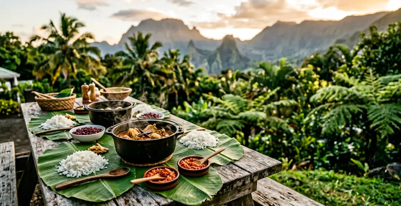 Table créole traditionnelle avec cari, riz et grains dans une ambiance chaleureuse réunionnaise