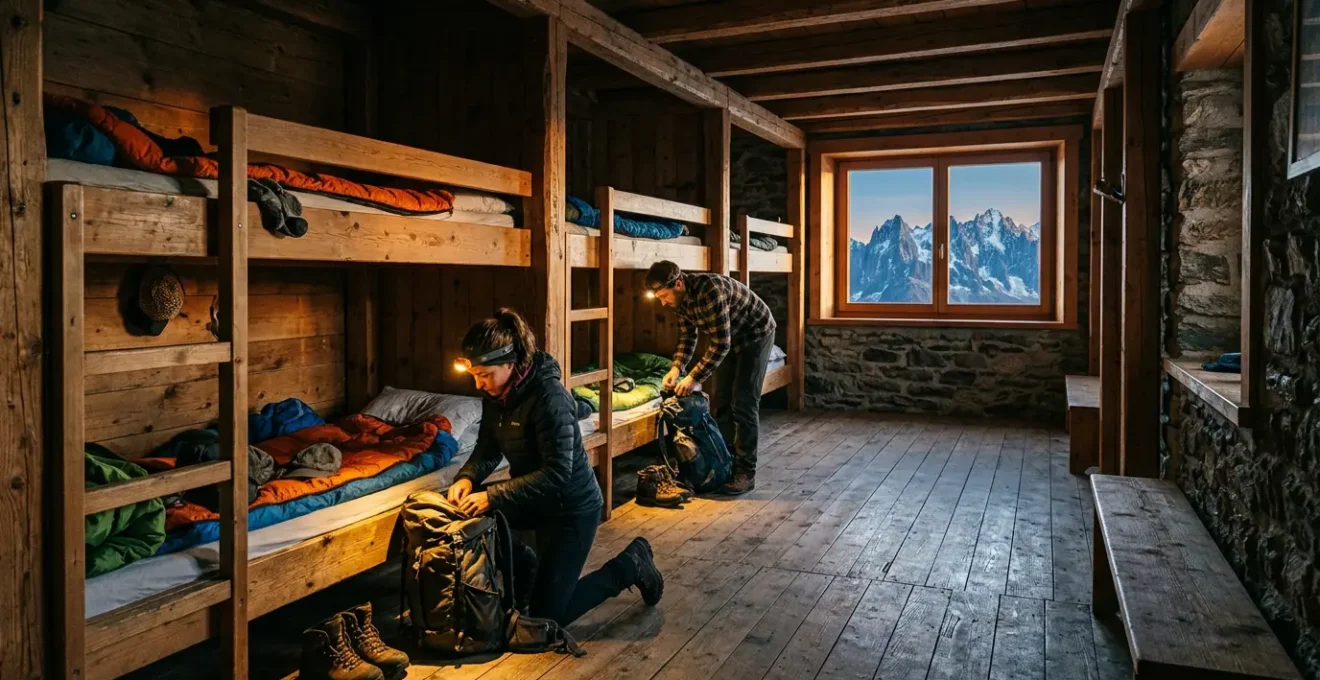 Dortoir de refuge de montagne avec lits superposés et randonneurs préparant leur nuit