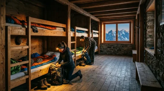 Dortoir de refuge de montagne avec lits superposés et randonneurs préparant leur nuit