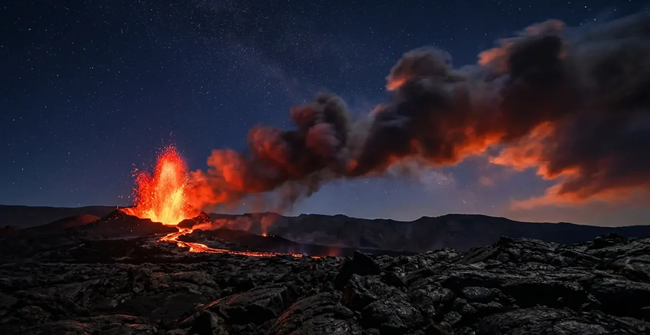 Vue nocturne spectaculaire du Piton de la Fournaise en éruption avec fontaines de lave rougeoyante et fumée volcanique