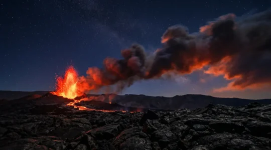 Vue nocturne spectaculaire du Piton de la Fournaise en éruption avec fontaines de lave rougeoyante et fumée volcanique