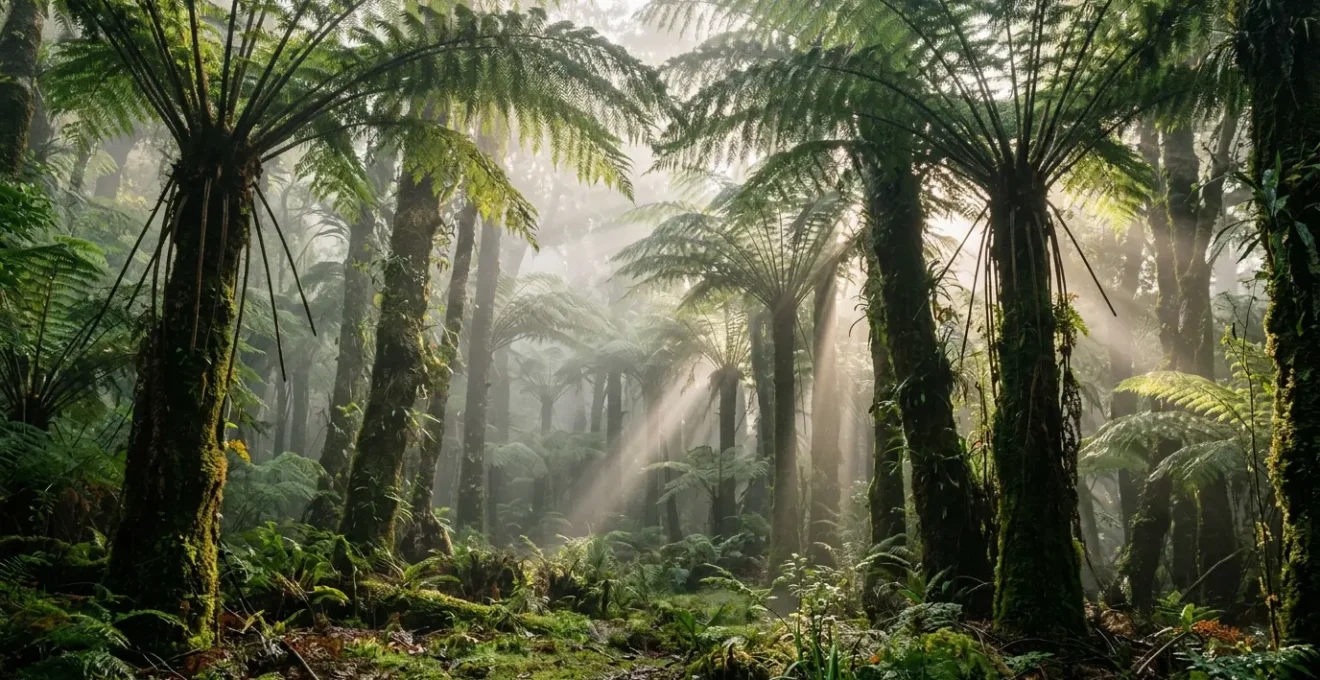 Forêt de fougères géantes dans la brume matinale à Bélouve, La Réunion