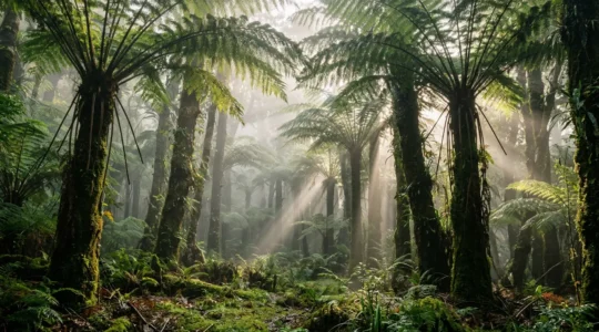 Forêt de fougères géantes dans la brume matinale à Bélouve, La Réunion