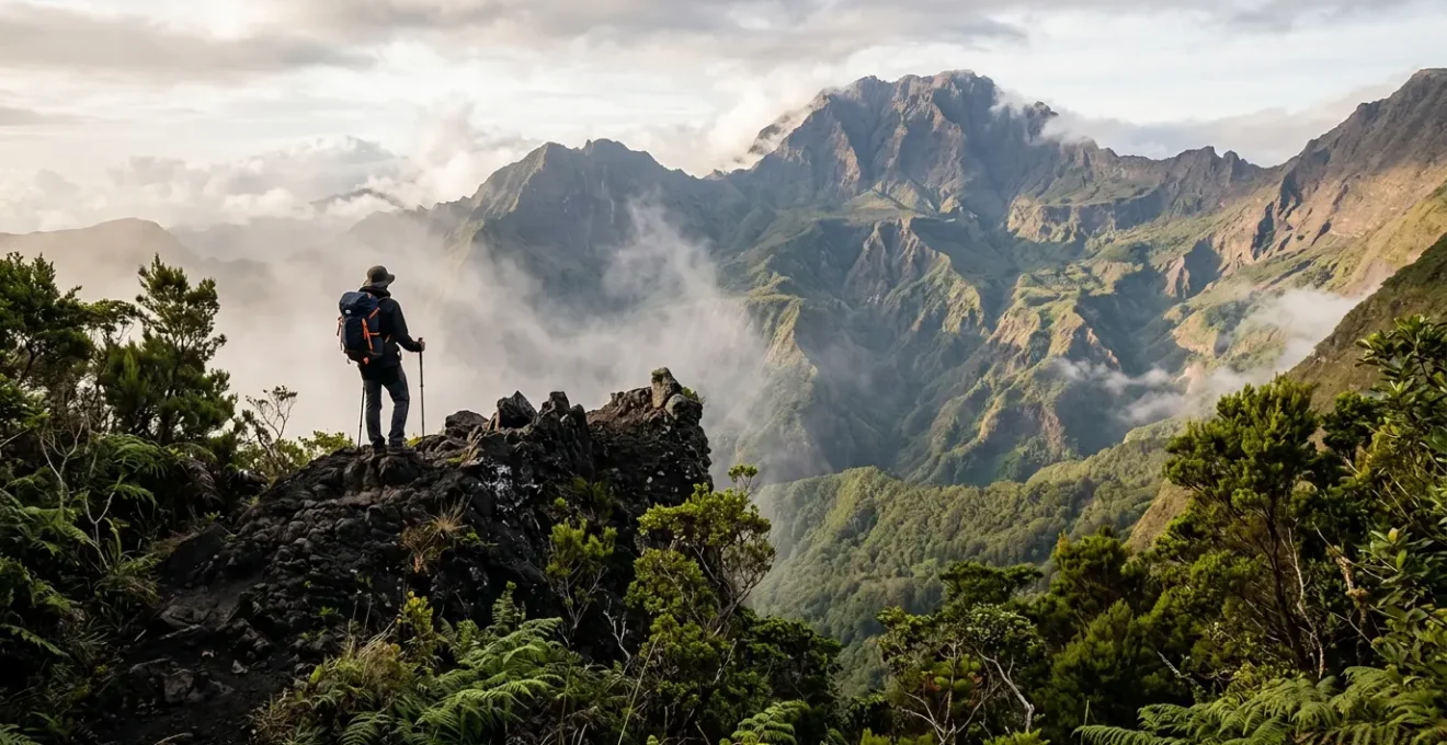 Randonneur solitaire face au Piton des Neiges depuis un sentier volcanique de La Réunion