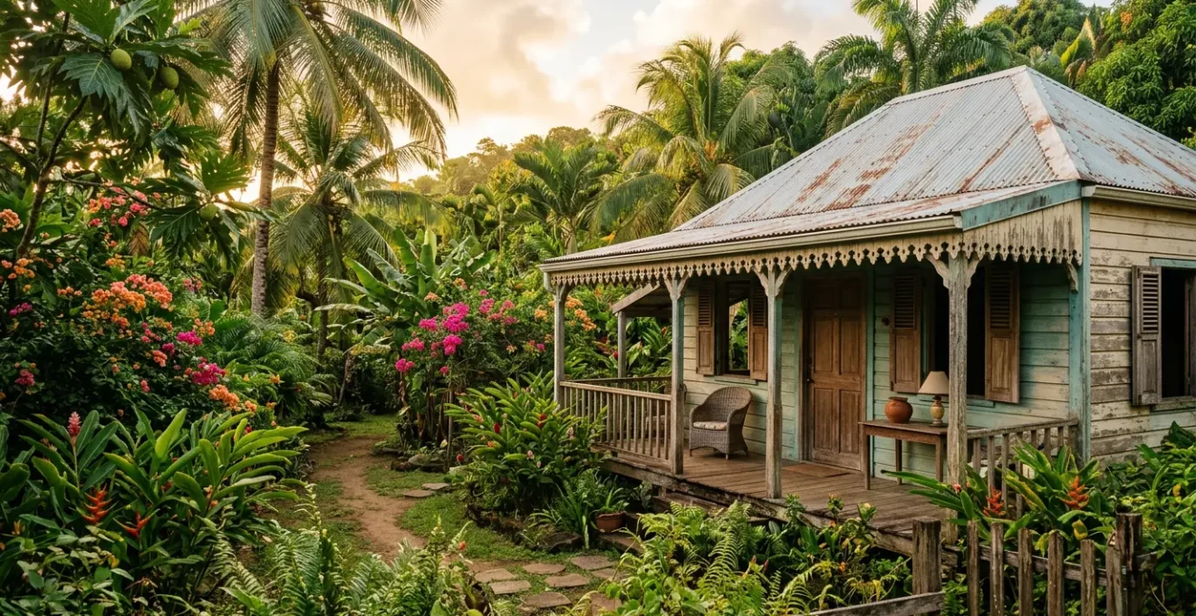 Case créole typique avec varangue en bois ouvragé et lambrequins, entourée de végétation tropicale luxuriante