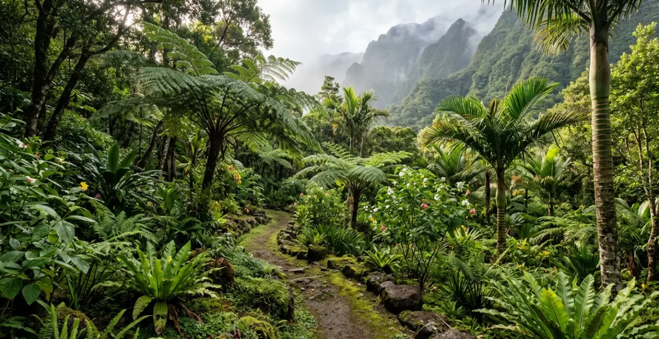 Jardin tropical luxuriant avec plantes endémiques de La Réunion, mélange harmonieux de fougères arborescentes et de palmistes