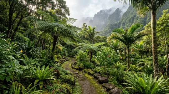 Jardin tropical luxuriant avec plantes endémiques de La Réunion, mélange harmonieux de fougères arborescentes et de palmistes