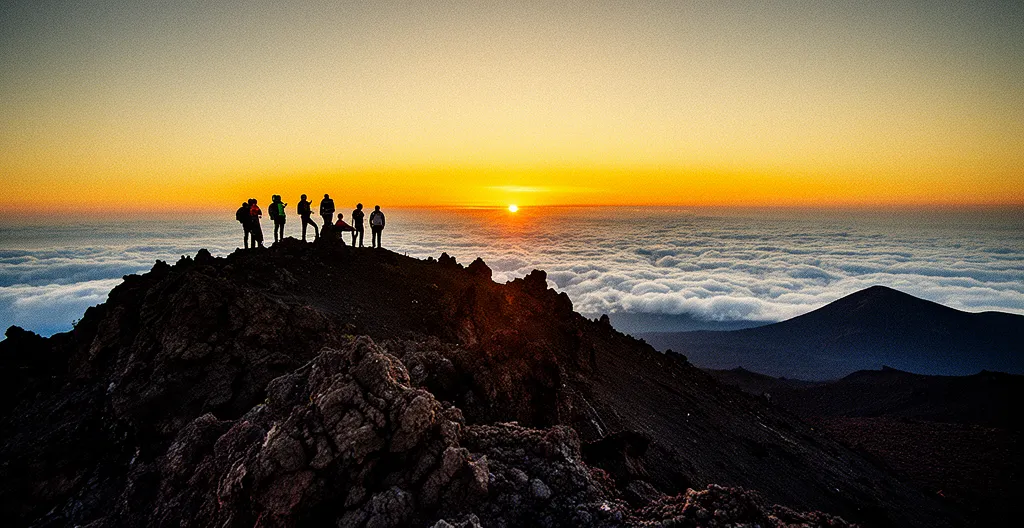 Vue spectaculaire du lever de soleil depuis le sommet du Piton des Neiges à 3071 mètres d'altitude