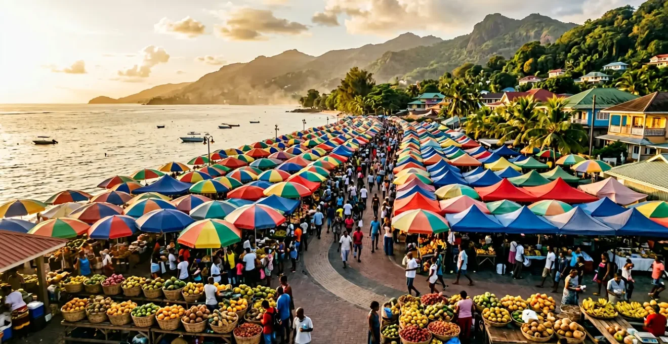 Vue aérienne animée des étals colorés d'un marché forain réunionnais avec parasols multicolores et foule matinale