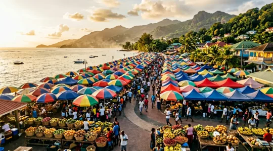 Vue aérienne animée des étals colorés d'un marché forain réunionnais avec parasols multicolores et foule matinale
