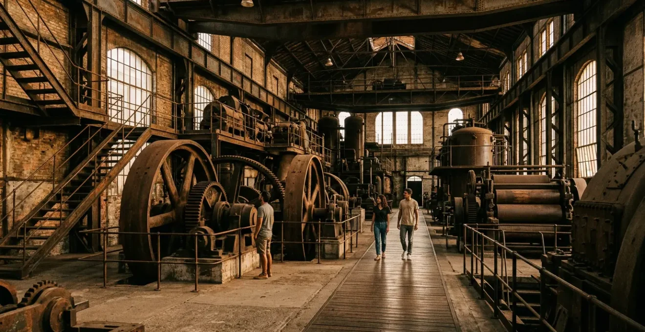 Vue intérieure du musée Stella Matutina montrant l'architecture industrielle et les machines historiques de l'ancienne usine sucrière