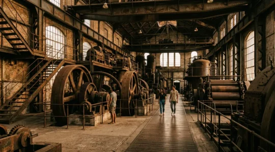 Vue intérieure du musée Stella Matutina montrant l'architecture industrielle et les machines historiques de l'ancienne usine sucrière