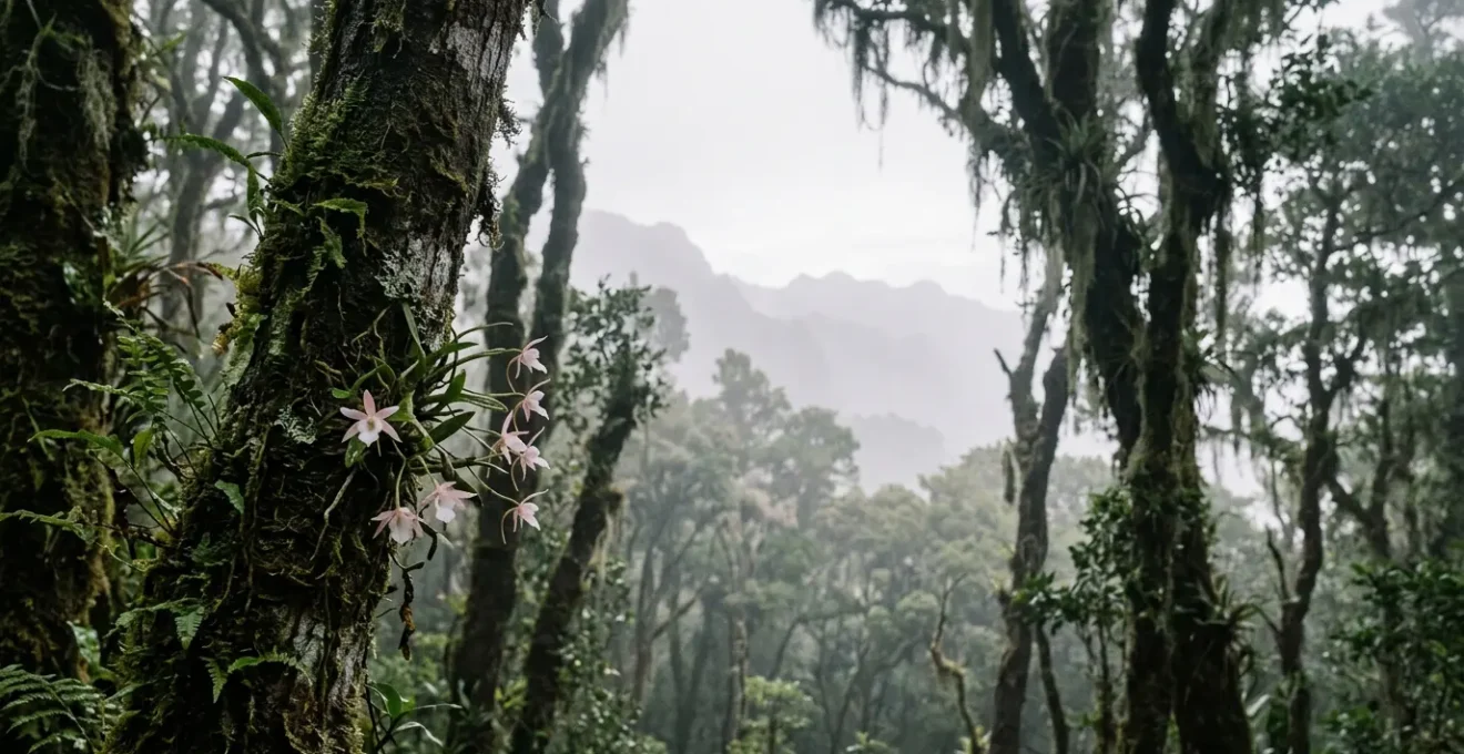 Orchidées épiphytes sauvages dans la brume d'une forêt tropicale d'altitude de La Réunion