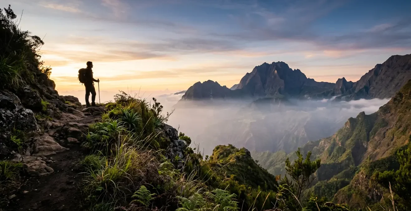 Randonneur contemplant le Piton des Neiges au lever du soleil depuis les hauteurs de Cilaos