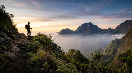 Randonneur contemplant le Piton des Neiges au lever du soleil depuis les hauteurs de Cilaos