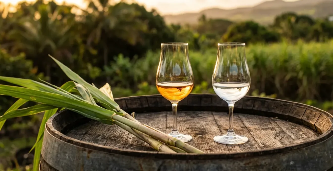 Deux verres de dégustation de rhum posés sur un tonneau en bois avec des cannes à sucre fraîches en arrière-plan