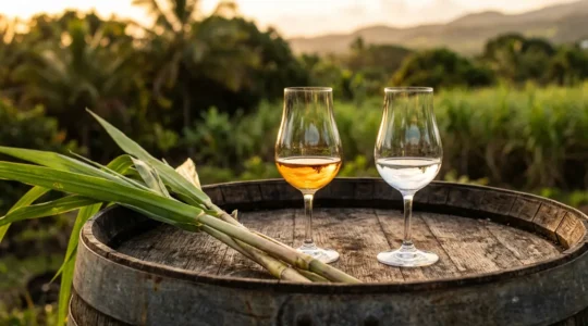 Deux verres de dégustation de rhum posés sur un tonneau en bois avec des cannes à sucre fraîches en arrière-plan
