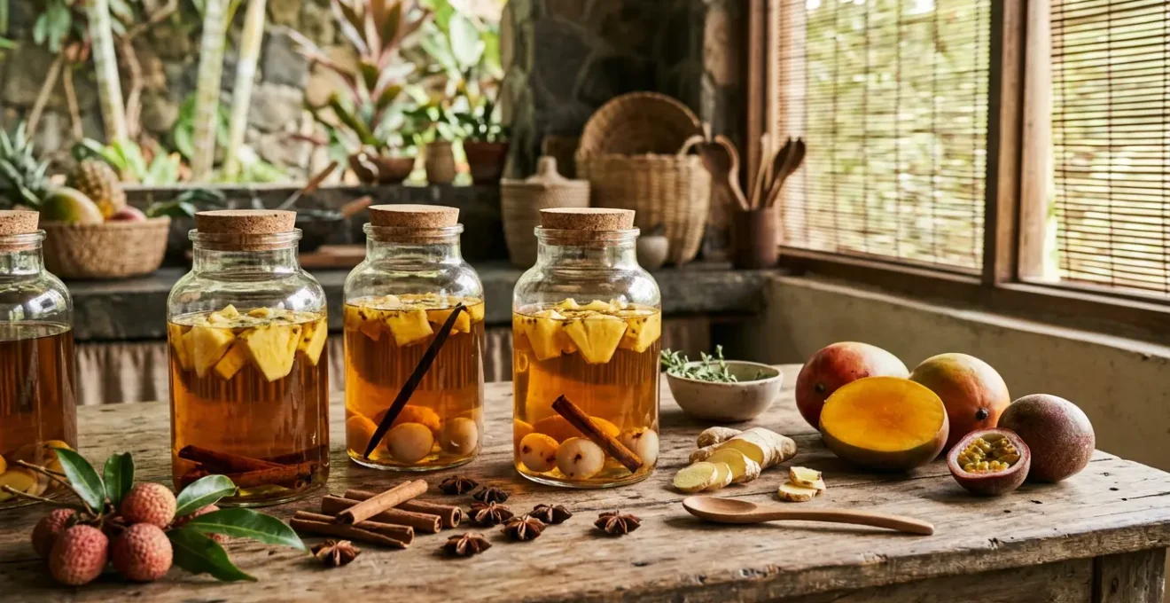 Préparation artisanale de rhum arrangé avec fruits tropicaux mûrs et épices sur table en bois