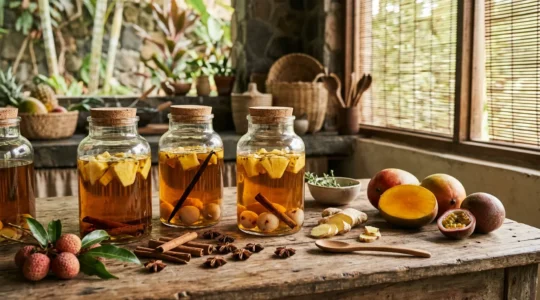 Préparation artisanale de rhum arrangé avec fruits tropicaux mûrs et épices sur table en bois