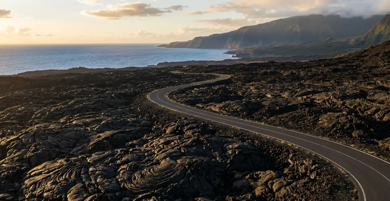 Vue panoramique de la route des laves traversant le paysage volcanique noir contrastant avec l'océan bleu à La Réunion