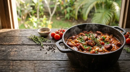 Rougail saucisse traditionnel dans une marmite en fonte avec tomates mijotées et saucisses fumées