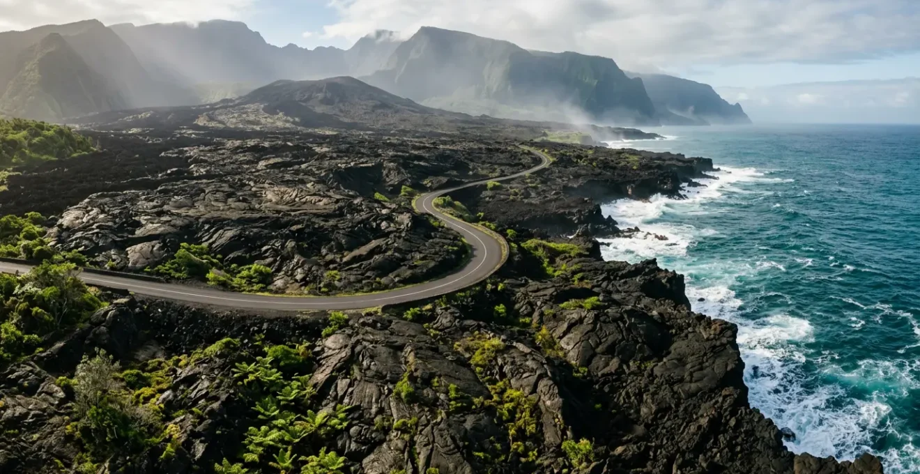 Vue panoramique de la Route des Laves traversant les coulées volcaniques solidifiées entre le noir de la lave et le bleu de l'océan Indien
