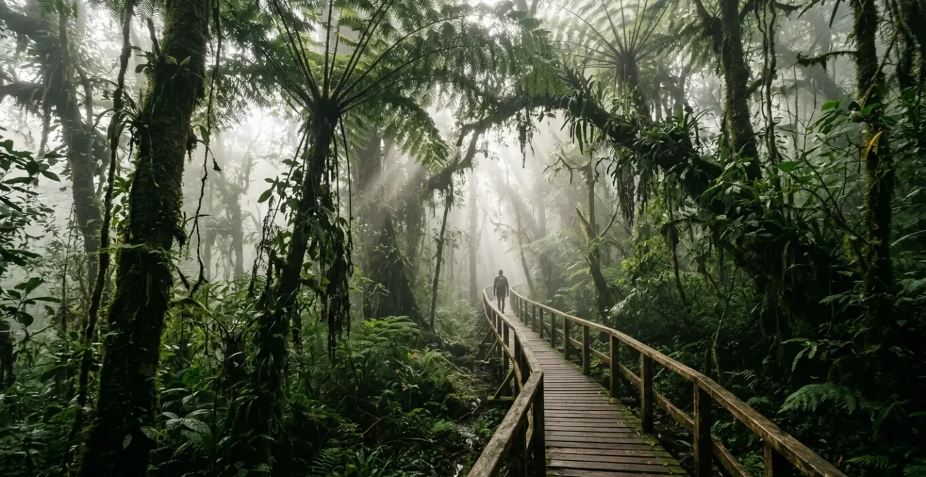 Randonneurs sur passerelle en bois traversant la forêt primaire de Bélouve vers le Trou de Fer à La Réunion