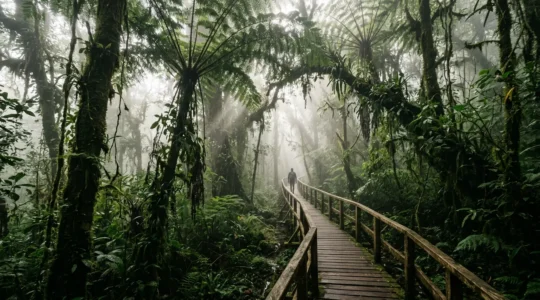 Randonneurs sur passerelle en bois traversant la forêt primaire de Bélouve vers le Trou de Fer à La Réunion