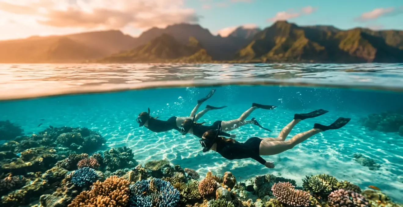 Snorkeleurs observant les coraux dans les eaux cristallines du lagon de l'Ermitage à La Réunion