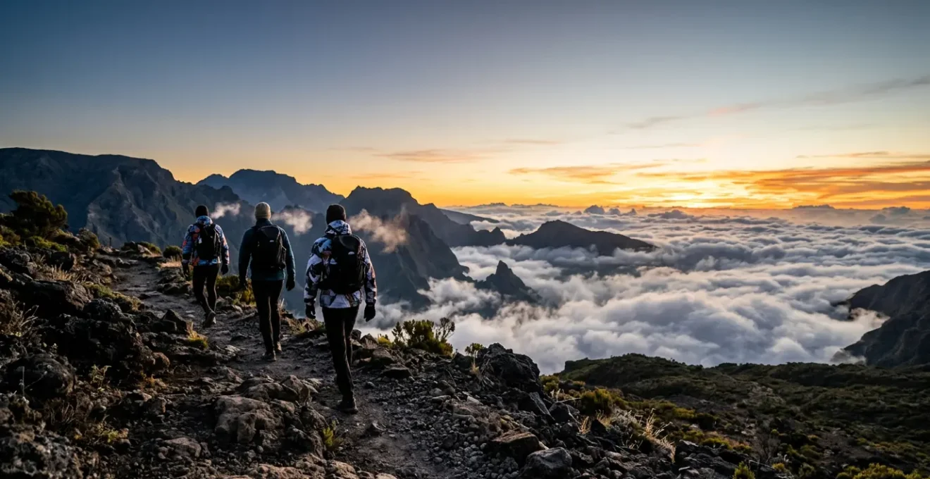 Randonneurs sportifs sur le sentier du Piton des Neiges au lever du soleil pendant l'hiver austral