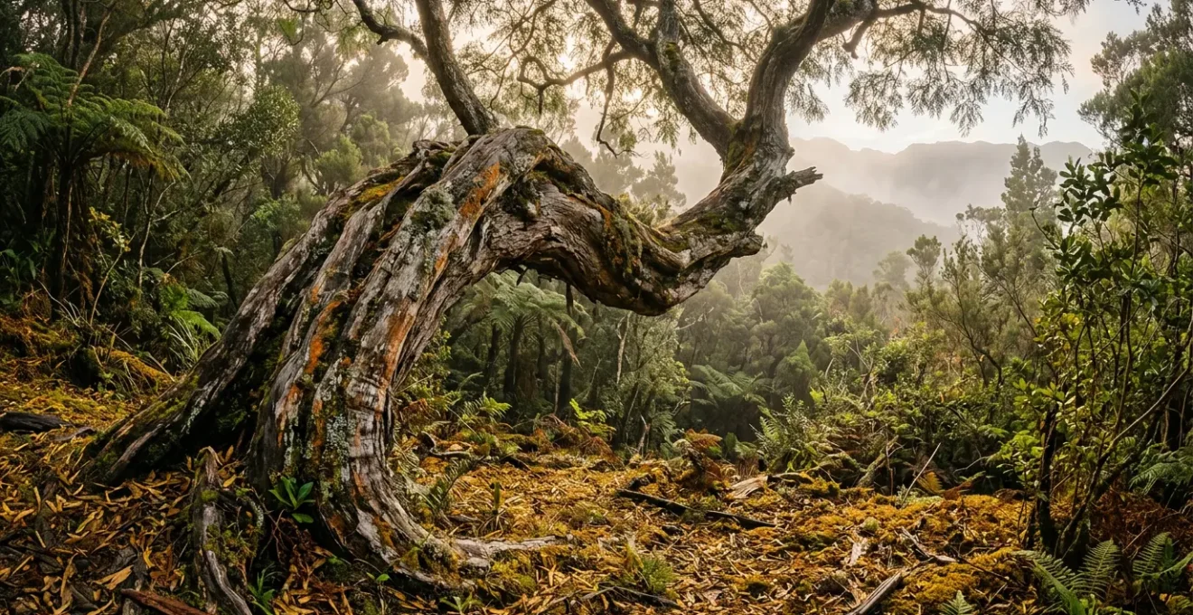 Majestueux tamarin des hauts aux branches tortueuses dans la lumière dorée de la forêt réunionnaise